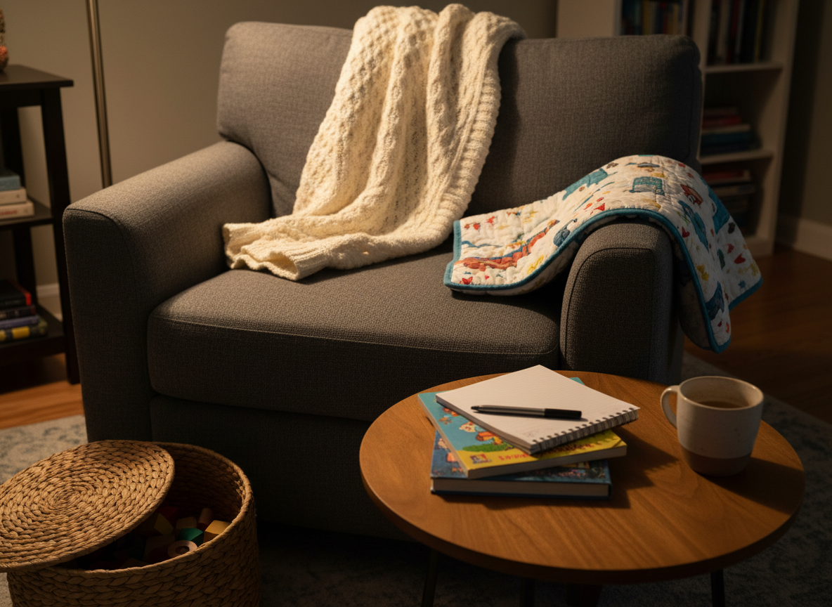 A cozy living room reading nook centered around an overstuffed, charcoal-gray armchair draped with a soft, cream-colored knit blanket and a folded, colorful children’s quilt over the armrest. Beside it, a low wooden side table holds a small stack of picture books, a spiral-bound notebook with an uncapped pen resting across its pages, and a ceramic mug with remnants of tea. A woven toy basket sits nearby, slightly open, revealing a few wooden blocks. Warm lamplight from an off-frame floor lamp creates gentle pools of light and soft, elongated shadows, while the rest of the room falls into a pleasing blur. Photographic realism with a slightly angled shot focused on the chair and table, conveying nurturing balance between creative work and motherhood.