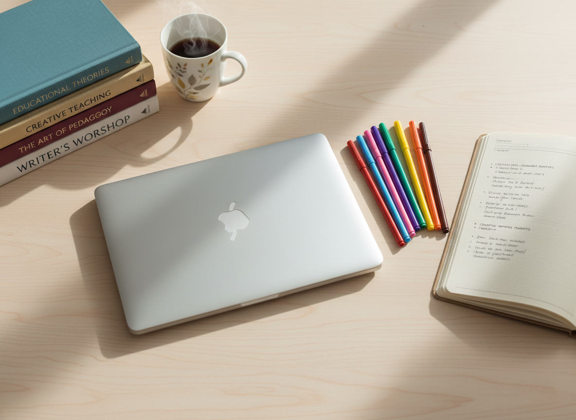A carefully arranged flat lay of a sleek silver laptop, an open linen-textured notebook filled with neat handwritten lesson ideas, and a set of colorful felt-tip pens, all resting on a pale oak desk. A stack of well-worn hardcover books about pedagogy and creativity forms an anchor in one corner, beside a ceramic mug of herbal tea releasing a faint curl of steam. Soft morning light from an unseen window washes across the surface, creating gentle highlights on the laptop edges and subtle shadows between objects. Photographic realism with a clean, modern composition shot from directly overhead, using a shallow depth of field that keeps the central tools in crisp focus while letting the outer edges fall into a slight blur, evoking a calm, focused, professional workspace for an educator and writer.