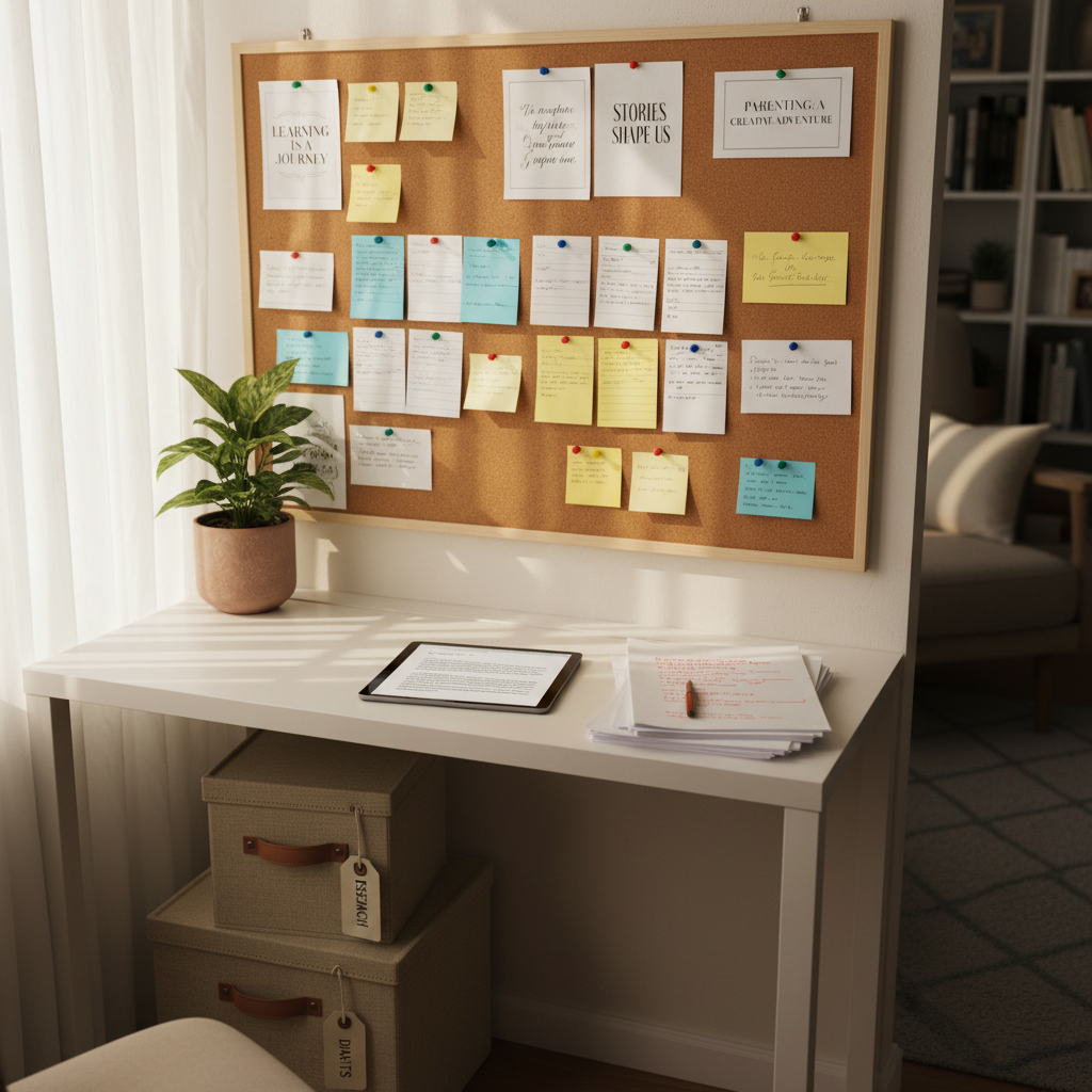 A warmly lit home office corner featuring a large corkboard vision wall covered in neatly pinned index cards, color-coded sticky notes, and printed quotes about learning, storytelling, and parenting. Below, a simple white desk holds an open tablet displaying a draft manuscript beside a stack of printed pages with handwritten edits. A small, thriving houseplant in a matte clay pot adds organic texture near a sand-colored fabric storage box labeled with tidy tags. Late afternoon sunlight filters through sheer curtains, casting soft, diagonal shadows across the wall. Photographic realism in a slightly angled, eye-level composition, emphasizing clarity and order while leaving some background softly blurred. The mood is visionary yet grounded, conveying an organized, thoughtful creative process for a professional educator and writer.
