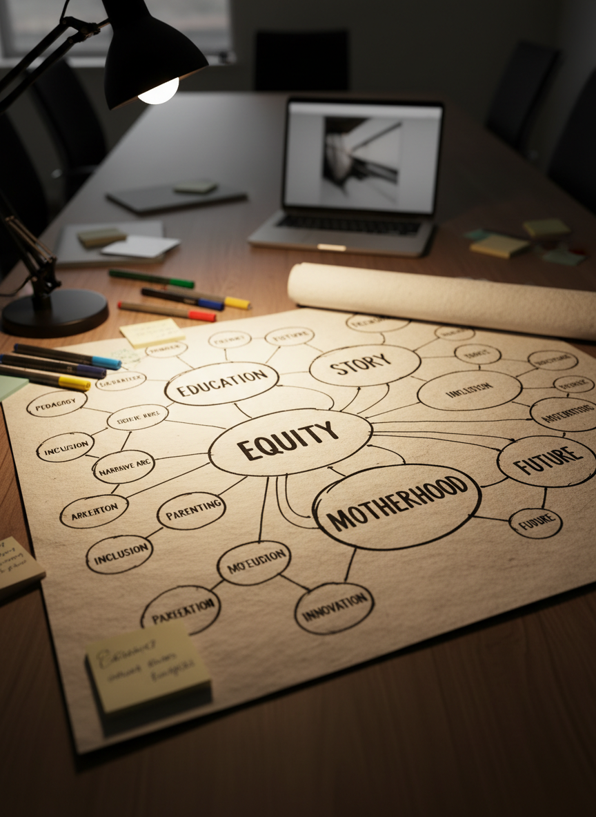 A dramatic, high-contrast shot of a large, unrolled sheet of heavy, off-white paper spread across a wide table, covered in an intricate hand-drawn mind map connecting circles labeled “education,” “story,” “equity,” “motherhood,” and “future.” Colorful markers, sticky notes, and a slim laptop sit around the edges, carefully arranged to avoid clutter. A single adjustable desk lamp casts focused, warm light from one side, creating strong but refined shadows that emphasize the depth of the pen strokes and the texture of the paper. Photographic realism with a slightly elevated three-quarter angle and shallow depth of field that keeps the central words in sharp focus while letting the outer connections blur slightly, giving the image a visionary, strategic, and forward-thinking atmosphere.