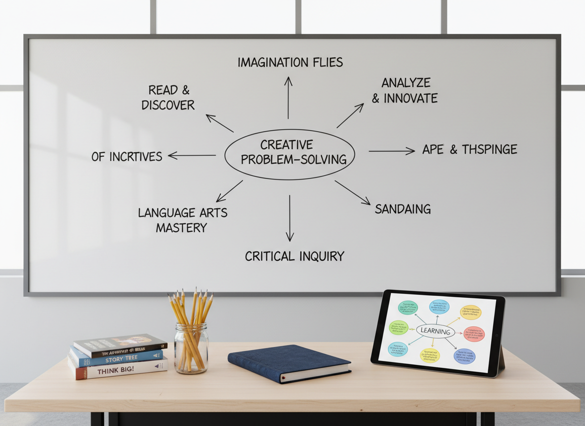 A minimalist classroom-inspired scene with a large, clean whiteboard dominating the background, covered in carefully written key phrases about creativity, literacy, and critical thinking in smooth black marker. In the foreground, a wooden teacher’s desk holds a closed navy-blue lesson planner, a glass jar filled with sharpened pencils, and a tablet displaying a colorful mind map. A small stack of children’s books with bright, inviting covers sits neatly to the side. Diffused daylight from overhead windows creates even, shadow-soft lighting, highlighting the text without glare. Photographic realism with a centered, eye-level composition and sharp focus throughout, evoking a professional, thoughtful, and inspiring educational environment without showing any students or teachers.
